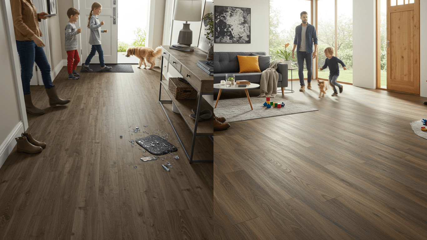 A photorealistic overhead scene of a modern hallway with luxury vinyl plank flooring designed for high-traffic durability. Multiple people are captured in motion—one adult wearing boots, a child in socks, and a dog mid-step—highlighting the floor’s scratch resistance and slip resistance. Near the entryway, a heavy-duty doormat traps debris, while a stylish console table sits atop the floor, showing no signs of indentation. In the background, natural light pours in from a window, illuminating the waterproof surface and realistic wood grain texture. The overall setting feels clean, busy, and built for everyday resilience without sacrificing style.