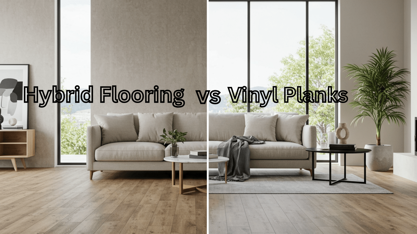 A photorealistic side-by-side interior flooring comparison showing hybrid flooring on one half of the room and vinyl plank flooring on the other. The room is a modern, well-lit living space with natural light pouring in from large windows.