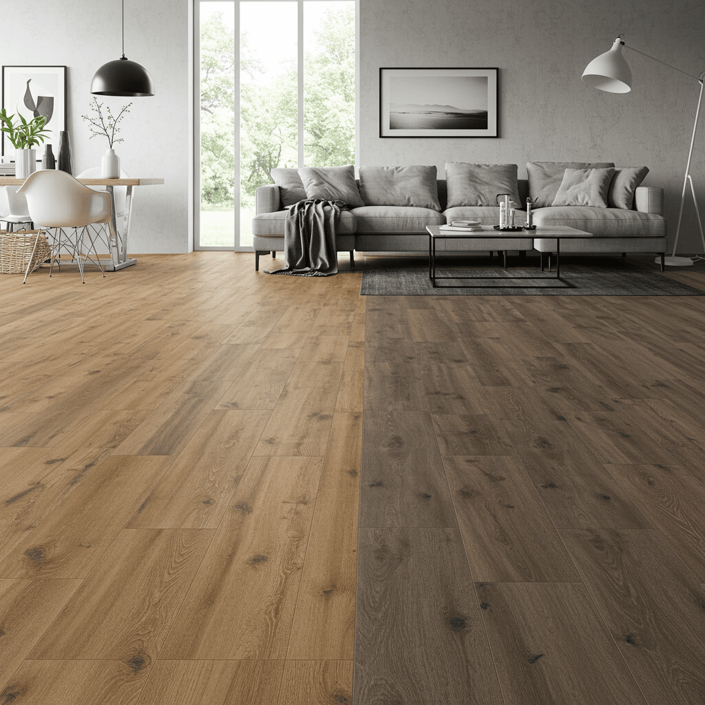 A photorealistic interior image featuring two distinct flooring types in a modern open-concept room. One side of the floor showcases hybrid flooring with a textured, natural wood-look surface, rigid core, and slightly matte finish.