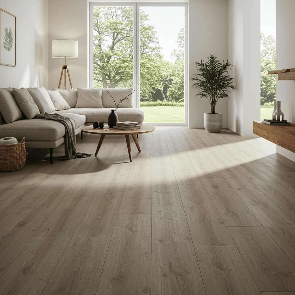 A high-resolution, photorealistic image of hybrid flooring installed in a bright, modern living space. The flooring has a realistic wood-look finish with a textured surface and matte appearance, mimicking natural hardwood.