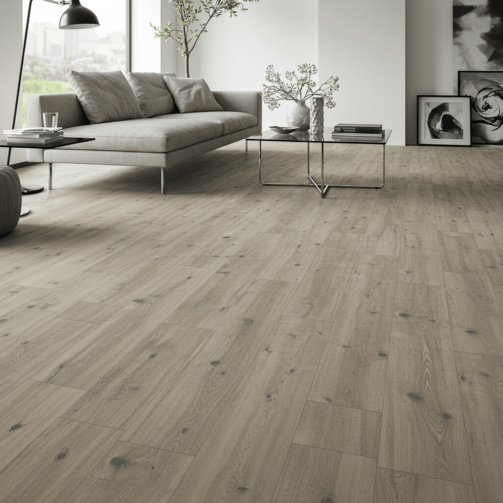 A photorealistic image of luxury vinyl plank flooring installed in a sleek, modern interior. The planks feature a wood-look design with smooth texture and a subtle sheen, giving them a polished, contemporary finish.