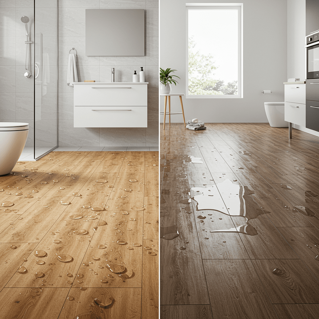 A photorealistic split-scene image comparing hybrid flooring and luxury vinyl planks in a water-exposed environment. One side shows hybrid flooring installed in a modern bathroom or kitchen with visible water droplets on the surface—yet the flooring remains perfectly intact, with no swelling or gaps.