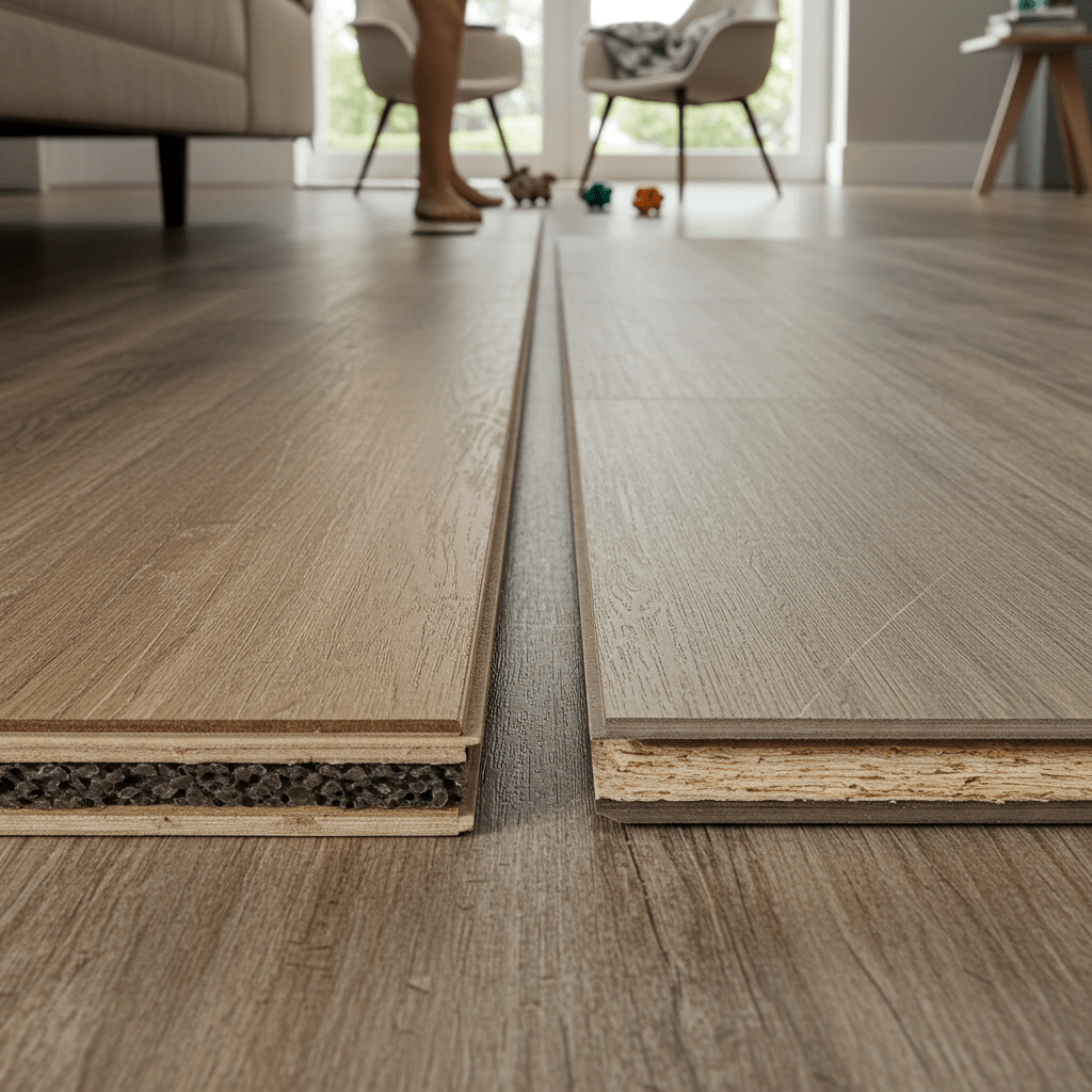 A photorealistic close-up comparison of hybrid flooring and luxury vinyl planks focusing on their durability and wear layers. The scene shows two flooring samples side by side—one hybrid plank with a visibly thicker, multi-layered structure including a rigid core and tough wear layer, and one vinyl plank with a slightly thinner, more flexible build.