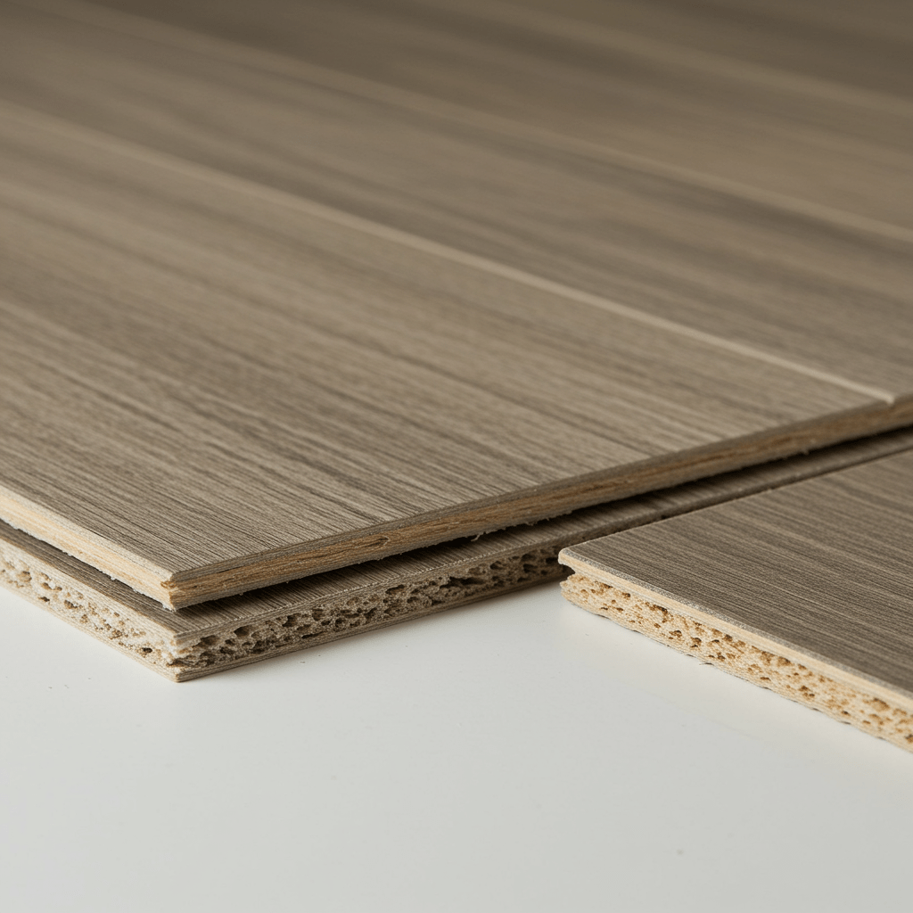 A photorealistic close-up image showing two flooring samples side by side on a clean surface—one hybrid plank and one luxury vinyl plank. The hybrid flooring sample is visibly thicker, with a multi-layered structure including a rigid core and a durable top wear layer.