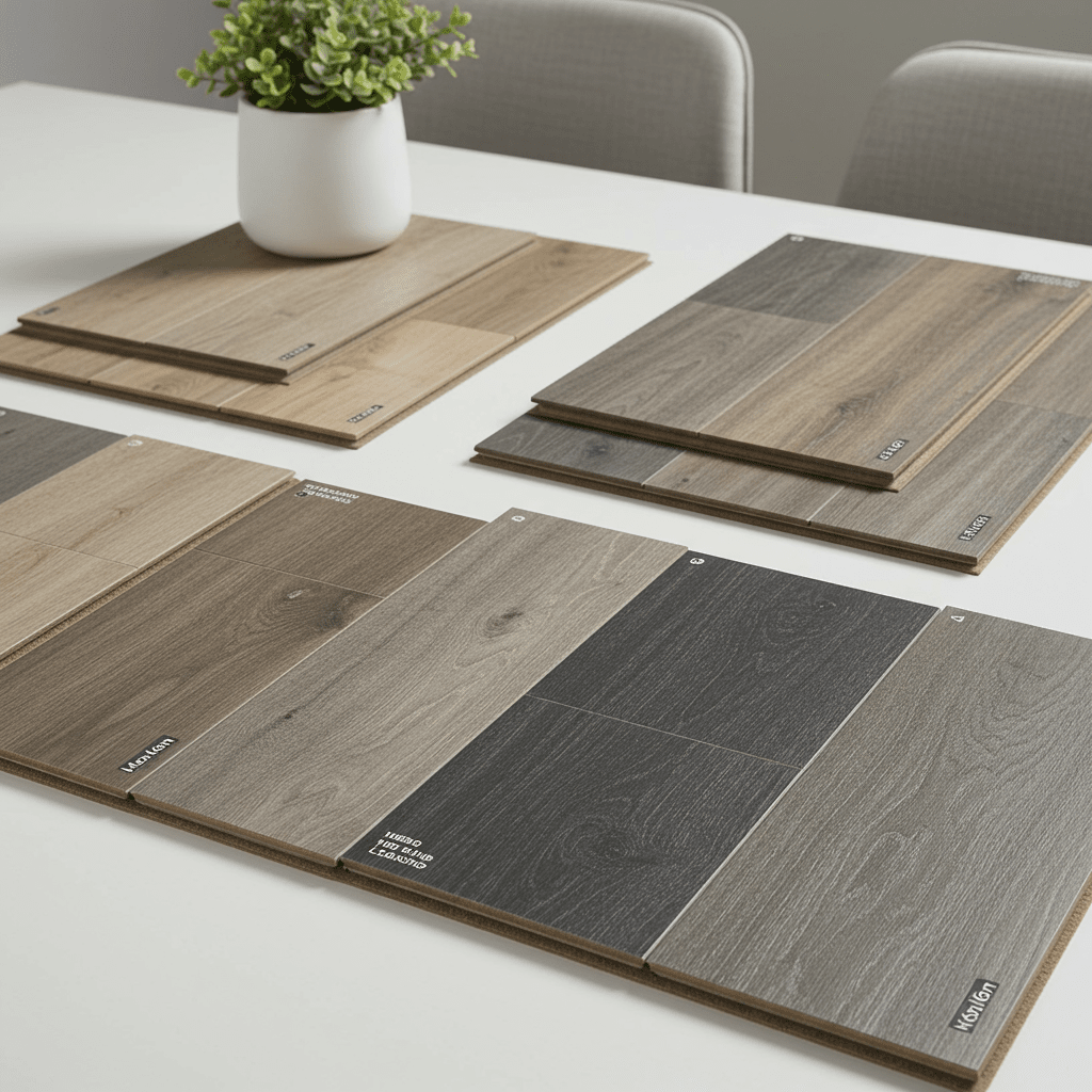 A photorealistic image showcasing a wide variety of flooring samples spread out on a clean, modern surface. One group features luxury vinyl planks in a broad spectrum of colors—light oak, rich walnut, gray-washed tones, and even bold charcoal—highlighting their design versatility.