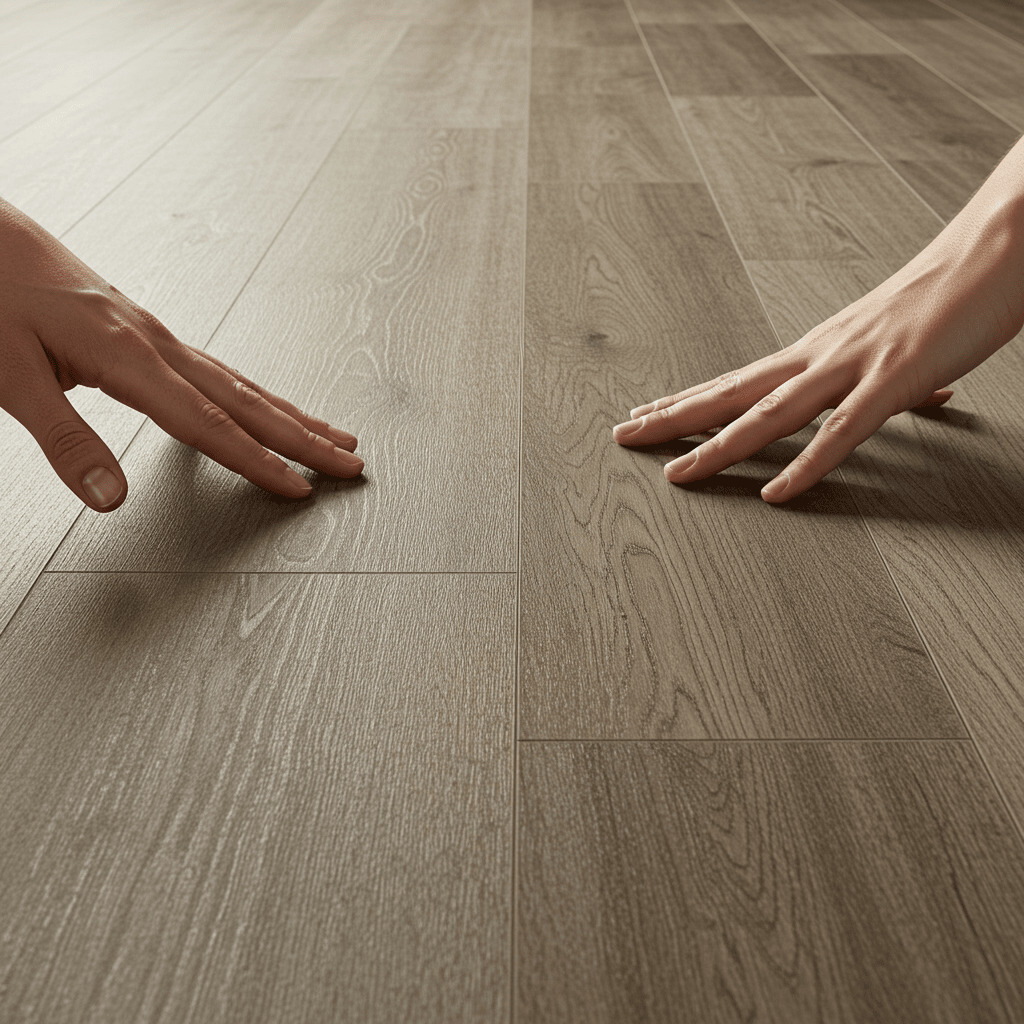 A photorealistic close-up comparison of luxury vinyl planks and hybrid flooring, focusing on surface texture and material realism. The image shows both flooring types side by side under soft natural light, highlighting the tactile grain and intricate patterns.