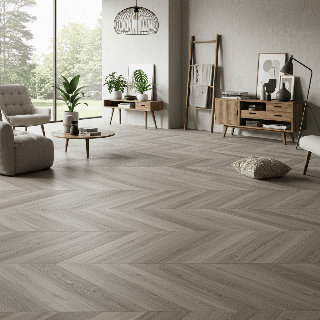 A photorealistic scene showcasing a variety of modern flooring styles using both hybrid and vinyl options, laid out in a spacious, stylish interior. The room features open-concept living with clean lines, large windows, and minimal yet elegant furnishings