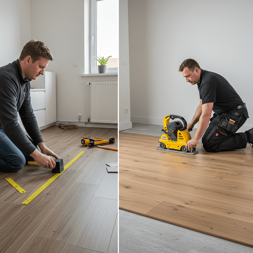 A split-scene photorealistic image showing two flooring installation scenarios side by side. On one side, a casual DIY home setting with a person kneeling on the floor installing luxury vinyl planks using a click-and-lock method. Tools like a rubber mallet and measuring tape are visible, and the room feels relaxed and tidy, suggesting ease and accessibility. On the other side, a professional installer is working with hybrid flooring, using specialized tools like a floor cutter and spacers.