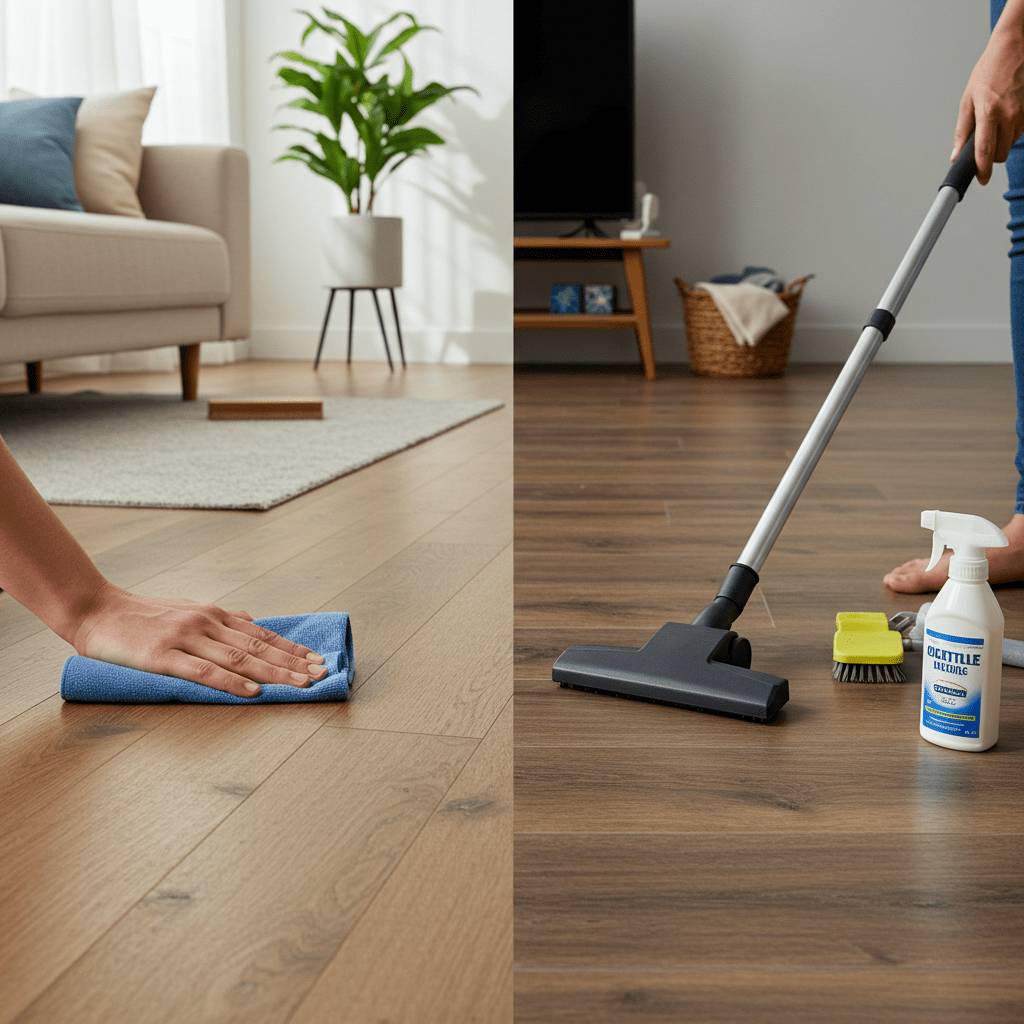 A photorealistic scene showing side-by-side cleaning of hybrid flooring and luxury vinyl planks in a modern home interior. On one side, a person is wiping hybrid flooring with a damp microfiber cloth, highlighting its smooth yet textured surface. On the other side, someone is gently sweeping or vacuuming vinyl planks, showcasing ease of maintenance. A spray bottle and a mild floor cleaner rest nearby, hinting at gentle cleaning solutions.
