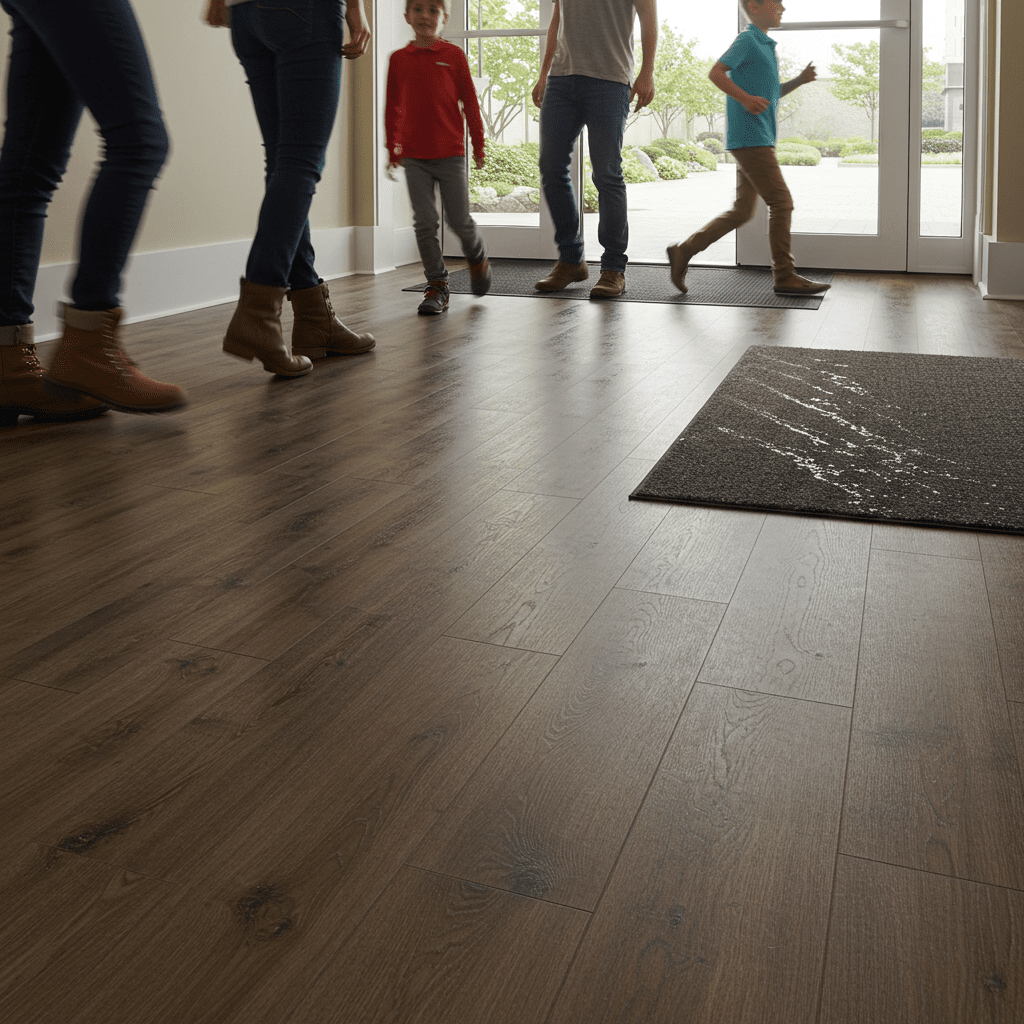 A photorealistic, close-up scene of a high-traffic commercial or home entryway showcasing modern vinyl flooring with a wood-look design. Several people are actively walking across the floor—one in work boots, another in high heels, and a child running in socks—captured with slight motion blur. The vinyl planks are perfectly aligned with visible grain texture, and a soft sheen reflects light from overhead fixtures. A floor mat near the door is catching dirt and water, but the vinyl shows no signs of damage, scratches, or dullness. The scene subtly emphasizes durability with a seamless blend of beauty and function, highlighting the advanced surface protection layer on the flooring.