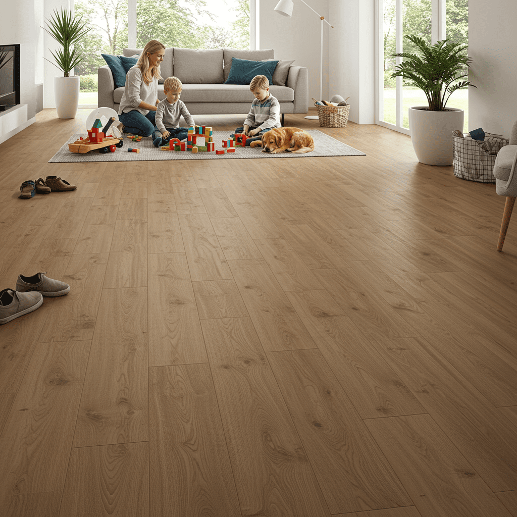 A high-resolution, photorealistic interior scene featuring a modern living room with luxury vinyl plank (LVP) flooring in a warm, natural oak finish. The floor planks are laid in a staggered pattern, closely mimicking real hardwood with visible wood grain and texture. Soft natural light from large windows highlights the matte finish and beveled edges of the planks. A family is casually using the space—a toddler plays with blocks, a golden retriever naps near a potted plant, and a pair of shoes is visible by the entry. The room feels lived-in yet spotless, subtly showcasing LVP's water resistance, scratch resilience, and comfort. The furniture is stylish but minimal, allowing the flooring to remain the visual focus.