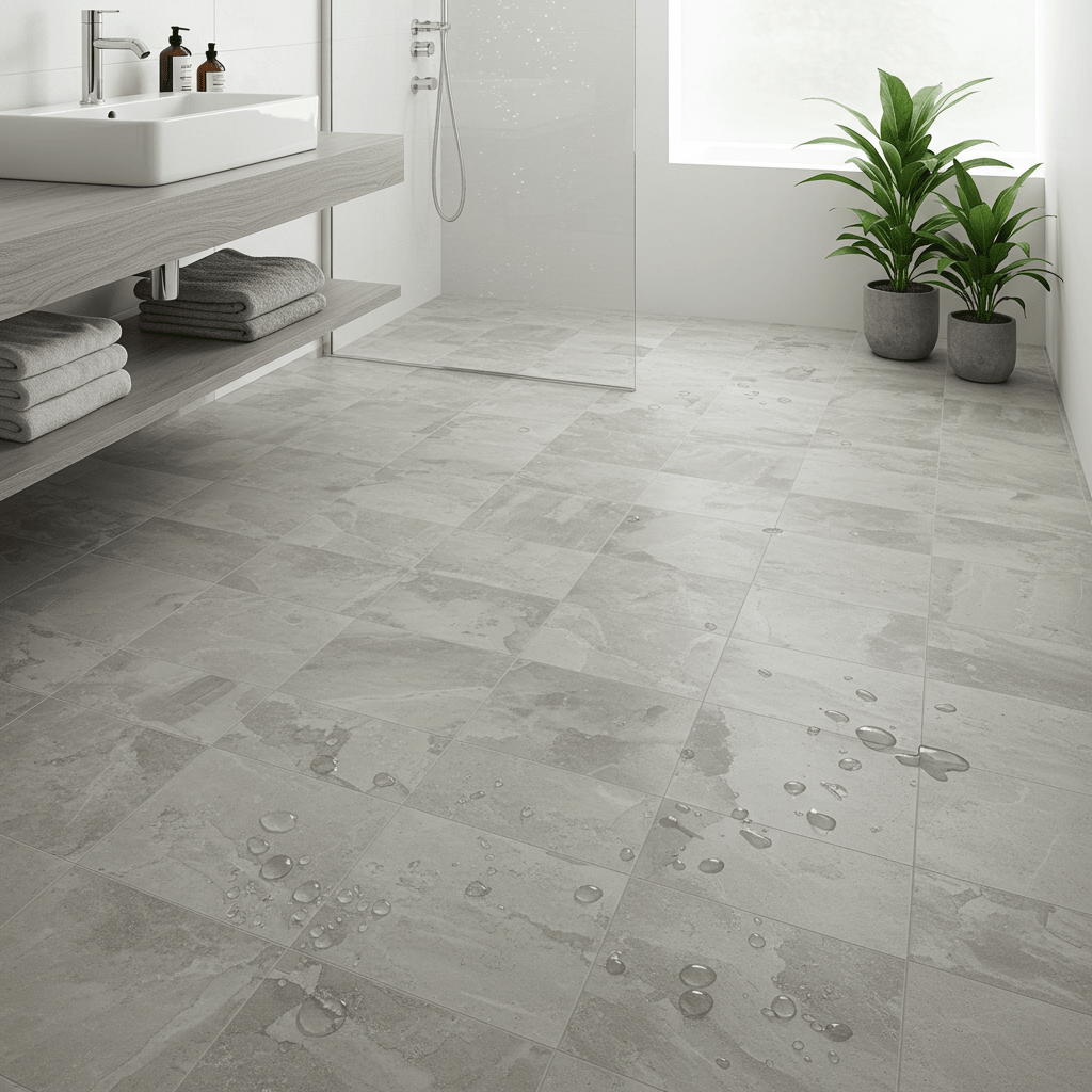 A bright, photorealistic bathroom scene showcasing luxury vinyl tile (LVT) flooring that closely resembles light gray ceramic tiles with subtle marbling. The tiles are perfectly aligned in a diagonal or grid pattern, with fine grout lines for a realistic appearance. Soft natural and artificial light reflects gently off the matte surface, emphasizing the clean texture. A vanity with a sleek sink, folded towels, and indoor plants create a spa-like atmosphere. Water droplets are subtly visible near the shower area to imply moisture-resistance, while the rest of the floor remains perfectly dry and spotless. The scene conveys a blend of elegance, resilience, and precision installation.