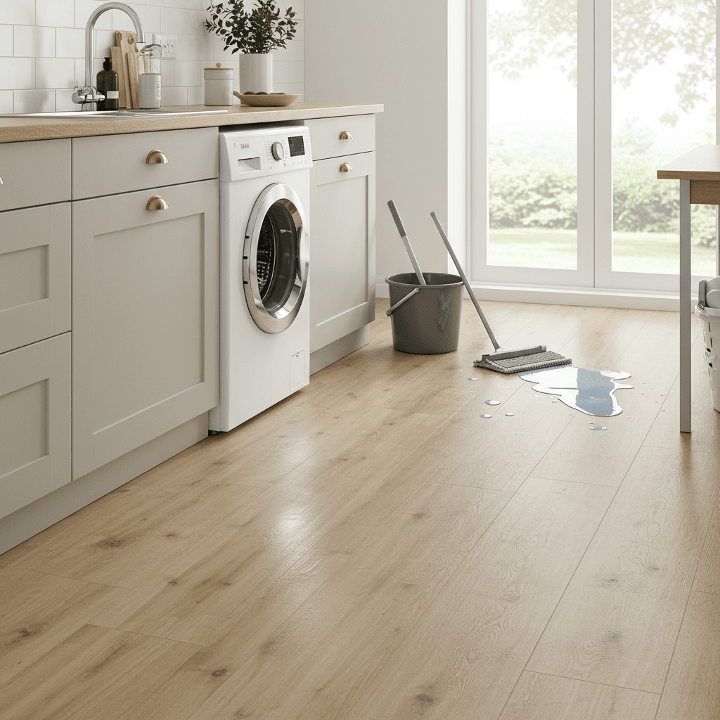 A clean, modern kitchen or laundry room with continuous sheet vinyl flooring in a light beige or soft wood-look finish. The floor appears seamless with no visible joints, emphasizing its large, uninterrupted coverage. A slight sheen reflects soft natural light from a nearby window, enhancing the smooth, water-resistant surface. A washing machine or kitchen island sits on the flooring, and a small water spill or mop bucket is nearby to suggest waterproof capabilities. The setting is cozy yet functional, showcasing the sheet vinyl's practicality and ease of maintenance.