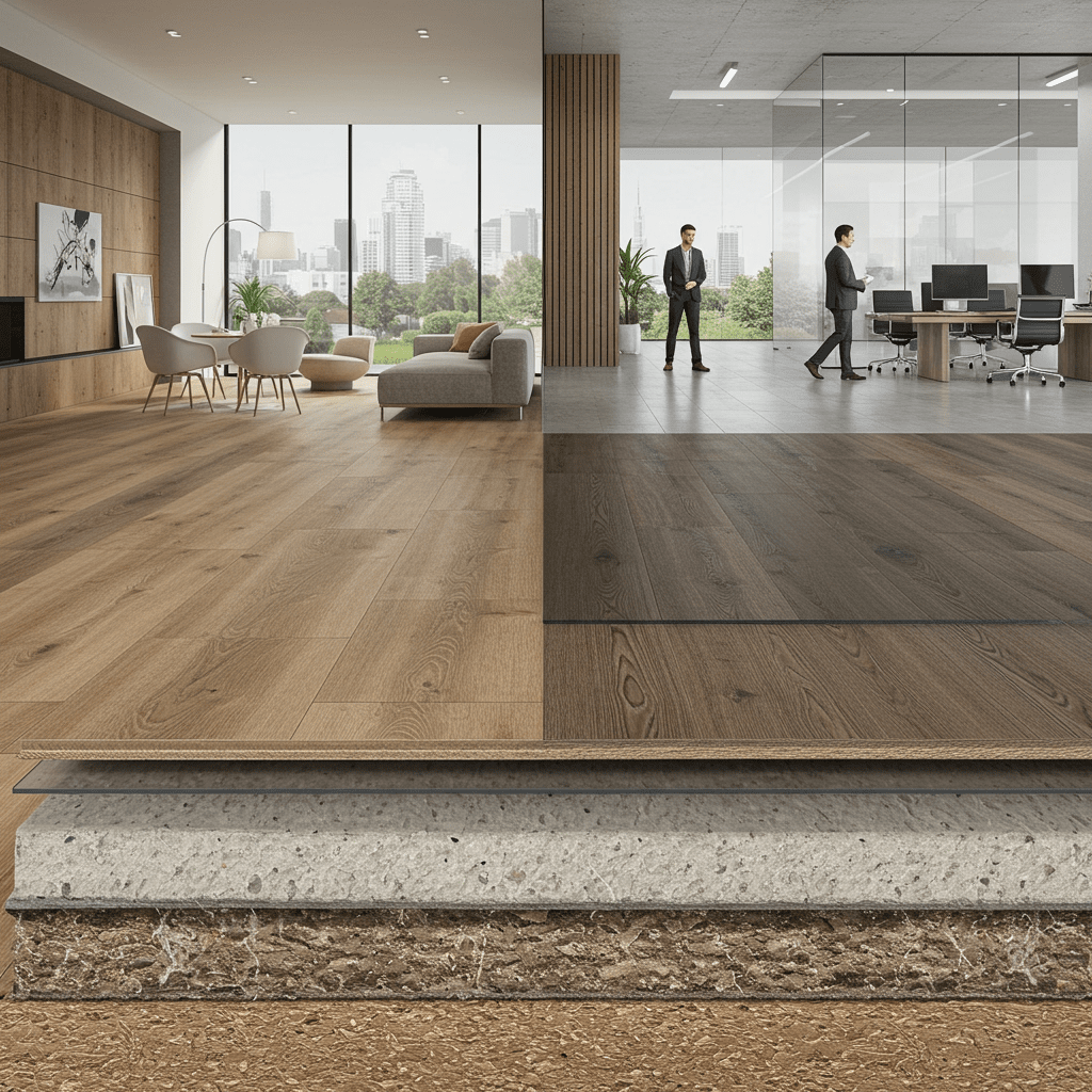 A realistic cross-sectional close-up of vinyl flooring showing multiple visible layers. One piece has a noticeably thin top layer representing residential use, and another has a visibly thicker top layer for commercial durability. Scene includes a split setting: one side shows a modern living room with minimal foot traffic, the other shows a busy office or store with people walking and rolling chairs. Focus on texture, material clarity, and wear contrast between the two vinyl types. Clean lighting, natural tones, no text.
