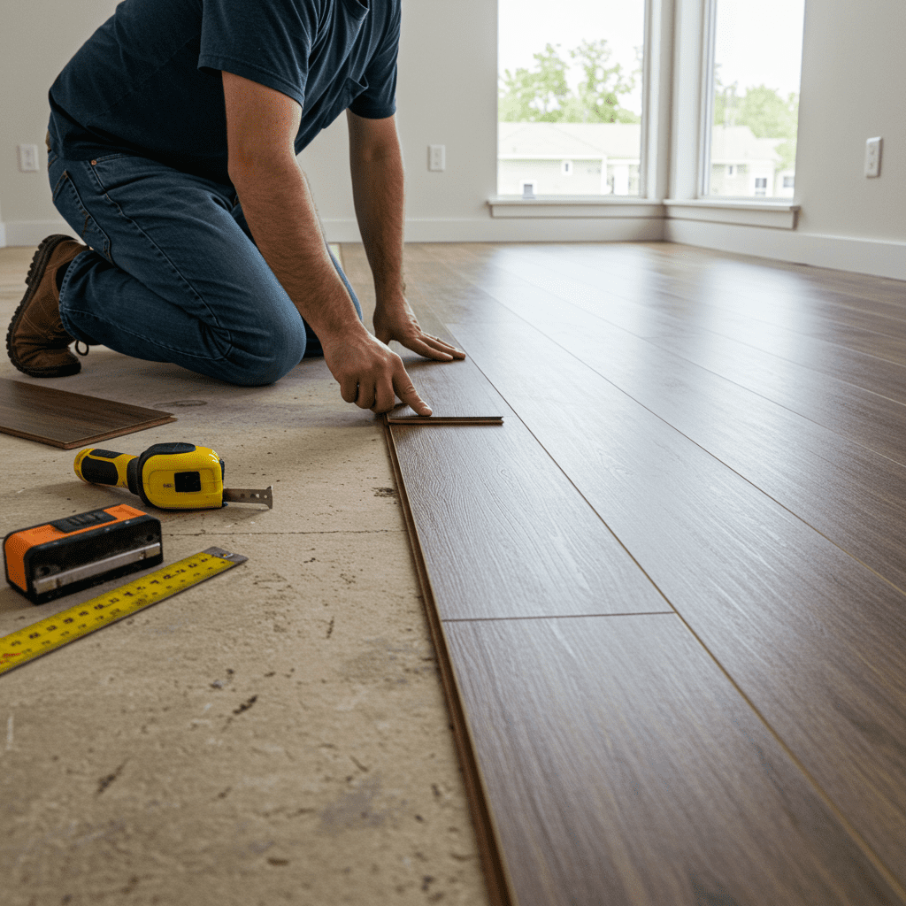 A clean, bright room in the middle of vinyl floor installation. A person is kneeling on the subfloor, precisely placing vinyl planks side-by-side. Tools like a utility knife, tapping block, and measuring tape are scattered neatly nearby. Half the floor shows exposed underlayment or subfloor, while the other half is already covered with new wood-textured vinyl planks. Natural daylight fills the space through a nearby window. The focus is on the action of aligning the planks, realistic textures, and craftsmanship.