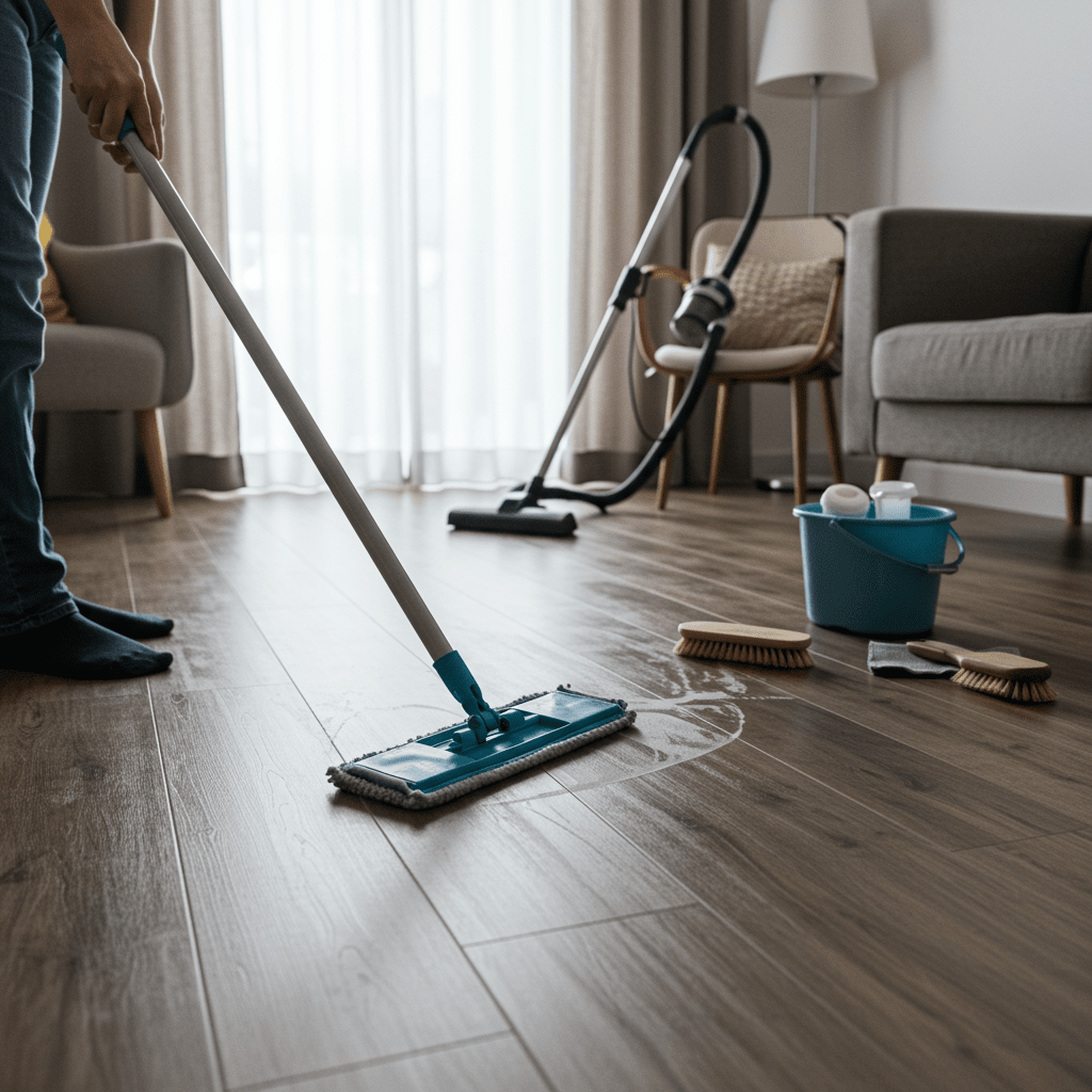 A bright, cozy room with vinyl flooring being cleaned. A person wearing casual clothes is using a microfiber mop on the floor, with a small bucket of diluted cleaner nearby. The vinyl surface has a wood-like texture and looks well-maintained. In the background, soft natural light comes through sheer curtains. A vacuum cleaner and a soft-bristled brush sit in the corner, indicating regular care tools. The room looks fresh, tidy, and lived-in — emphasizing cleanliness and routine maintenance.