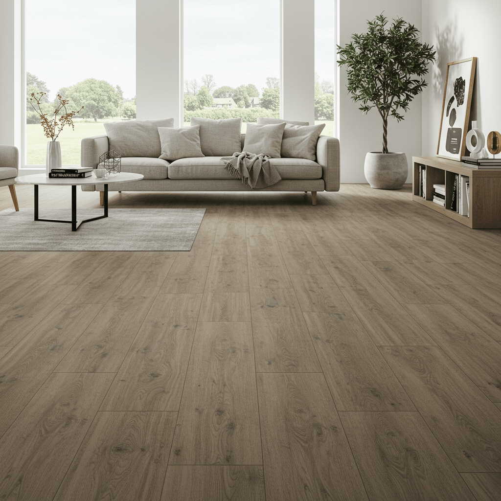 A modern interior space showcasing clean, stylish vinyl flooring with a realistic wood grain finish. Natural sunlight filters in through large windows, reflecting gently off the smooth surface. A minimalistic living room setup features a neutral-colored sofa, a low coffee table, and a potted plant in the corner. The floor planks are aligned neatly with tight seams, highlighting the uniform texture and durable feel of vinyl. The room appears welcoming, contemporary, and easy to maintain.