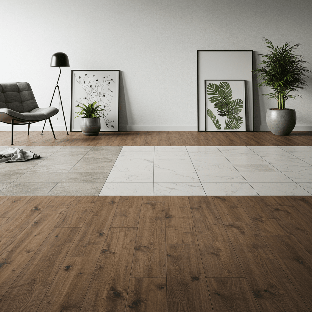 A clean, modern room interior with a unique split-floor layout displaying four flooring types: wood-look vinyl plank, natural hardwood, ceramic tile, and textured laminate. Each flooring section transitions seamlessly into the next, showcasing different textures and finishes under soft ambient lighting. Minimal furniture like a sleek chair, indoor plant, or rug may be present, but the primary focus remains on the flooring materials. The environment should be bright and realistic, with no visible text or labeling on any part of the image.
